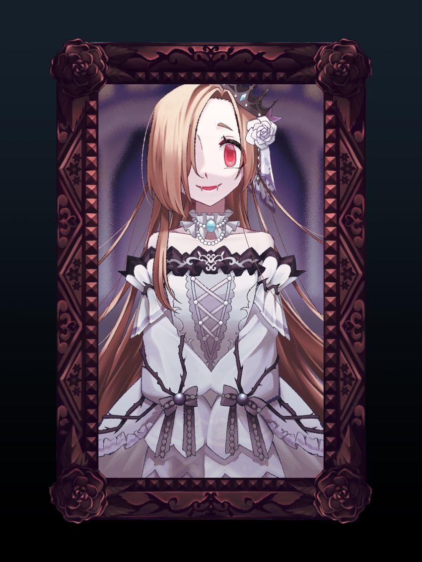 1girl blonde_hair choker crown dress fangs flower frilled_choker frills hair_flower hair_ornament hair_over_one_eye highres idolmaster idolmaster_cinderella_girls jewelry long_hair looking_at_viewer necklace parted_lips pearl_necklace red_eyes rose shirasaka_koume sleeves_past_fingers sleeves_past_wrists smile solo tilted_headwear very_long_hair white_dress white_flower white_rose yowai_(yorigamimutuki24)