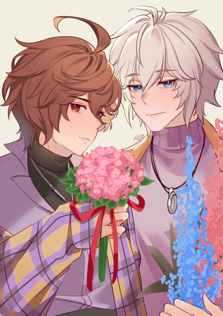 2boys absurdres ahoge black_shirt blue_eyes bouquet brown_hair english_commentary expressionless flower granblue_fantasy hair_between_eyes highres holding holding_flower jacket jewelry light_blush light_frown light_smile looking_at_viewer lucifer_(shingeki_no_bahamut) messy_hair multiple_boys necklace official_alternate_costume pink_flower plaid plaid_jacket purple_jacket red_eyes rossomimi sandalphon_(granblue_fantasy) shirt short_hair signature turtleneck upper_body white_hair wisteria