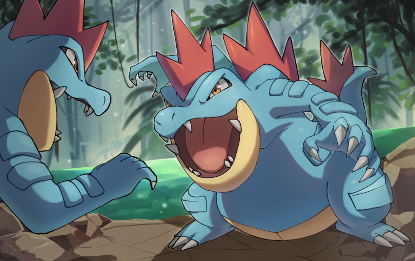 claws commentary_request eye_contact feraligatr looking_at_another nako_(nekono_shippo75) no_humans open_mouth orange_eyes plant pokemon pokemon_(creature) teeth tongue tree vines water
