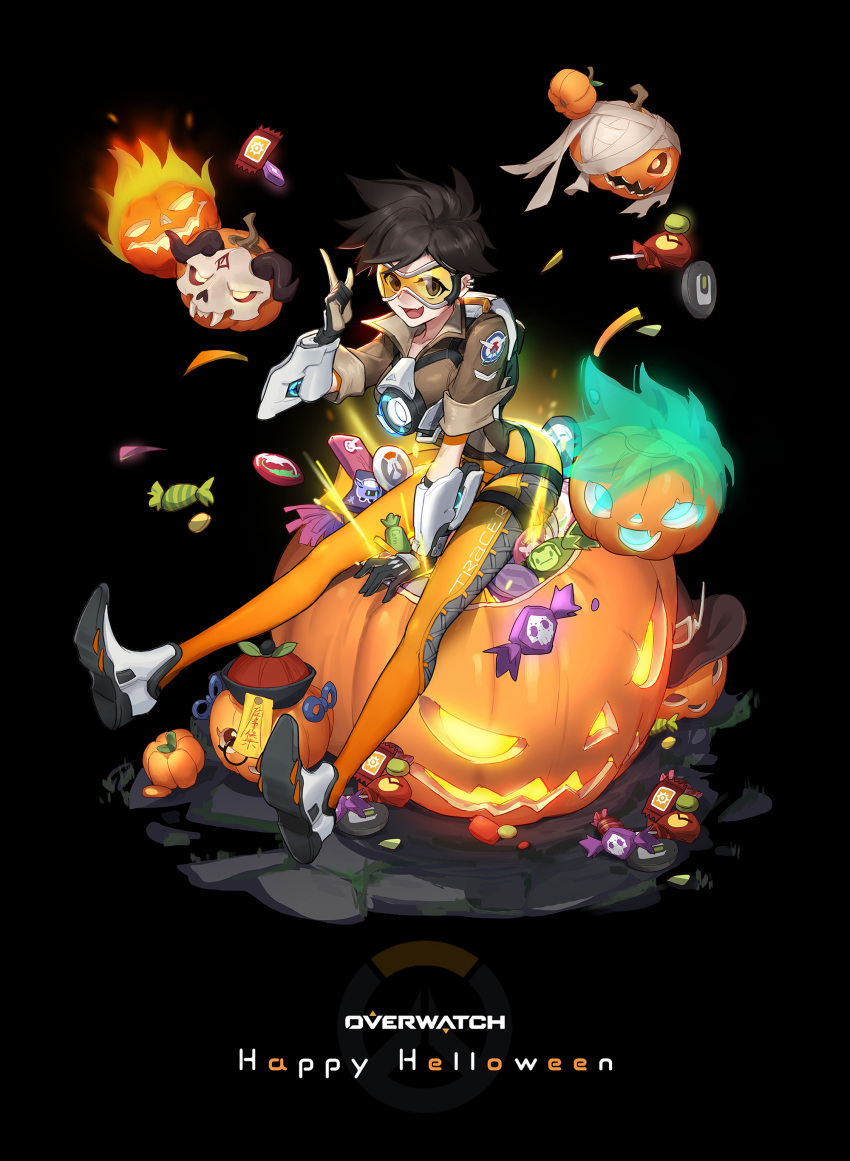 1girl absurdres animal_skull black_background black_hair black_hat bodysuit brown_eyes brown_jacket candy catin character_name copyright_name fang food full_body goggles happy_halloween hat highres index_finger_raised jack-o'-lantern jacket lollipop looking_at_viewer orange_bodysuit overwatch skin_fang tracer_(overwatch) witch_hat wrapped_candy