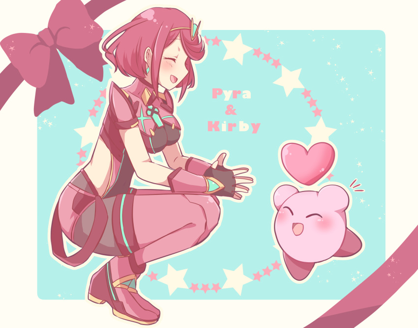1boy 1girl amanoru_mozuku blush breasts character_name closed_eyes colored_skin core_crystal_(xenoblade) drop_earrings earrings fingerless_gloves giving gloves heart highres jewelry jumping kirby kirby_(series) medium_breasts pantyhose pantyhose_under_shorts pink_skin pyra_(xenoblade) red_shorts redhead short_hair shorts smile squatting star_(symbol) super_smash_bros. swept_bangs thigh-highs thighhighs_over_pantyhose tiara xenoblade_chronicles_(series) xenoblade_chronicles_2