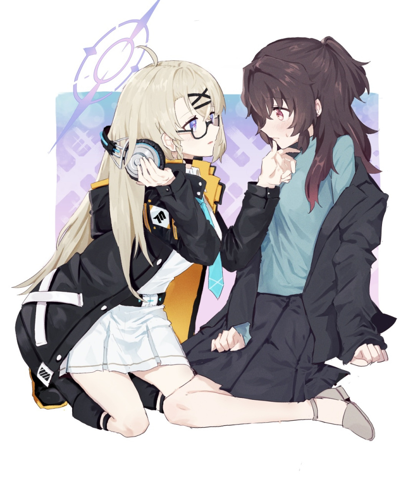 2girls aqua_necktie black_coat black_jacket black_skirt blue_archive blush braid brown_hair closed_mouth coat female_sensei_(blue_archive) finger_to_another's_mouth glasses grey_hair hair_ornament hairclip halo headphones headphones_around_neck highres jacket kotama_(blue_archive) long_hair long_sleeves multiple_girls necktie off_shoulder open_clothes open_coat open_jacket parted_lips red_eyes sensei_(blue_archive) senta_(ysk_0218) side_braid simple_background sitting skirt sweat sweater violet_eyes white_skirt yuri