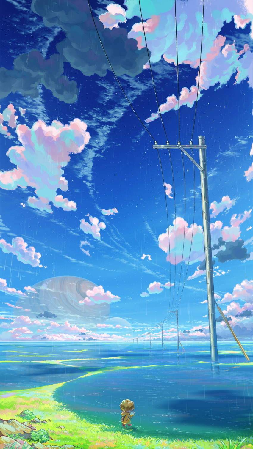 1girl arata_(ochadesu123) bag brown_hair chibi chibi_only clouds coat commentary_request day grass highres hood hood_down hooded_coat lake long_sleeves messenger_bag original outdoors planet power_lines rain scenery short_hair shoulder_bag solo star_(sky) utility_pole yellow_coat