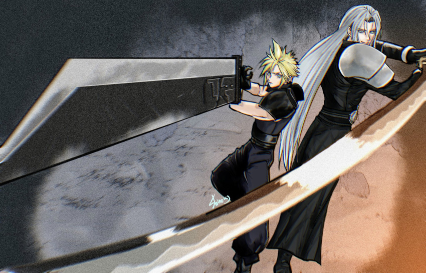 2boys armor back-to-back baggy_pants black_coat black_gloves blonde_hair boots buster_sword cloud_strife coat commentary_request fighting_stance final_fantasy final_fantasy_vii final_fantasy_vii_rebirth final_fantasy_vii_remake gloves grey_hair height_difference highres holding holding_sword holding_weapon huge_weapon long_hair male_focus masamune_(ff7) multiple_boys pants parted_bangs sephiroth shinogu_r short_hair shoulder_armor sleeveless sleeveless_turtleneck spiky_hair standing sweater sword turtleneck turtleneck_sweater very_long_hair weapon