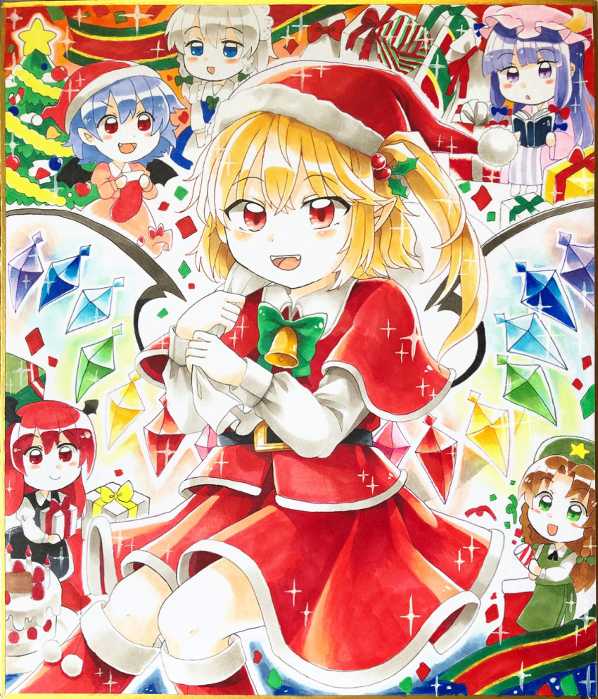 6+girls alternate_costume bat_wings black_skirt black_vest blonde_hair blue_eyes blue_hair blue_skirt blue_vest blunt_bangs book bow bowtie box brown_hair cake christmas christmas_ornaments christmas_present christmas_stocking christmas_tree closed_mouth crescent crescent_hat_ornament crystal dress flandre_scarlet food gift gift_box green_bow green_bowtie green_eyes green_hat grey_hair hat hat_ornament head_wings highres holding holding_book hong_meiling izayoi_sakuya juliet_sleeves koakuma light_smile long_sleeves maa_(forsythia1729) maid maid_headdress marker_(medium) medium_hair mob_cap multicolored_wings multiple_girls one_side_up open_mouth patchouli_knowledge pink_dress pink_hat pink_shirt pink_skirt pointy_ears puffy_sleeves purple_hair red_eyes red_hat red_ribbon red_skirt redhead remilia_scarlet ribbon santa_hat shirt skirt skirt_set star_(symbol) star_hat_ornament strawberry_cake striped_clothes striped_dress teeth touhou traditional_media upper_teeth_only v-shaped_eyebrows vertical-striped_clothes vertical-striped_dress vest violet_eyes white_shirt wide_sleeves wings yellow_ribbon