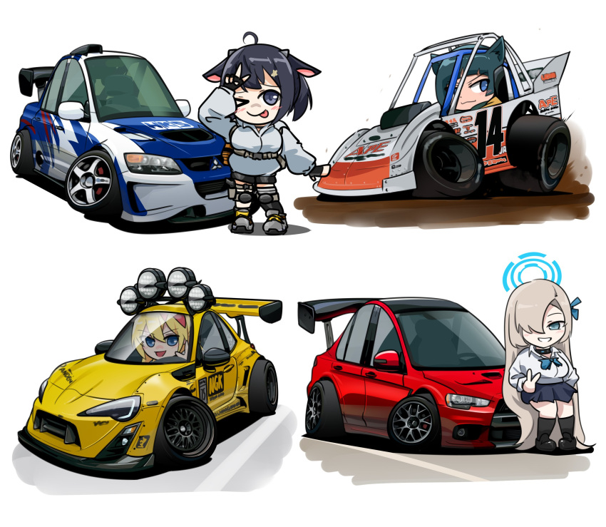 4girls absurdly_long_hair absurdres animal_ears asuna_(blue_archive) black_choker black_eyes black_gloves black_shorts black_thighhighs blonde_hair blue_archive blue_bow blush bow breasts car cat_ears cat_girl character_request chest_harness chibi choker collared_shirt commission copyright_request cow_ears cow_girl dirt english_commentary fingerless_gloves gloves hair_over_one_eye halo harness highres holeecrab long_hair looking_at_viewer medium_breasts mitsubishi_lancer_evolution mitsubishi_motors motor_vehicle multiple_girls need_for_speed need_for_speed:_most_wanted_(2005) one_eye_closed one_eye_covered race_vehicle racecar shadow shirt shorts smile spoiler_(automobile) stance_(vehicle) thigh-highs tongue tongue_out toyota toyota_86 v v-shaped_eyebrows vehicle_focus very_long_hair white_background white_shirt