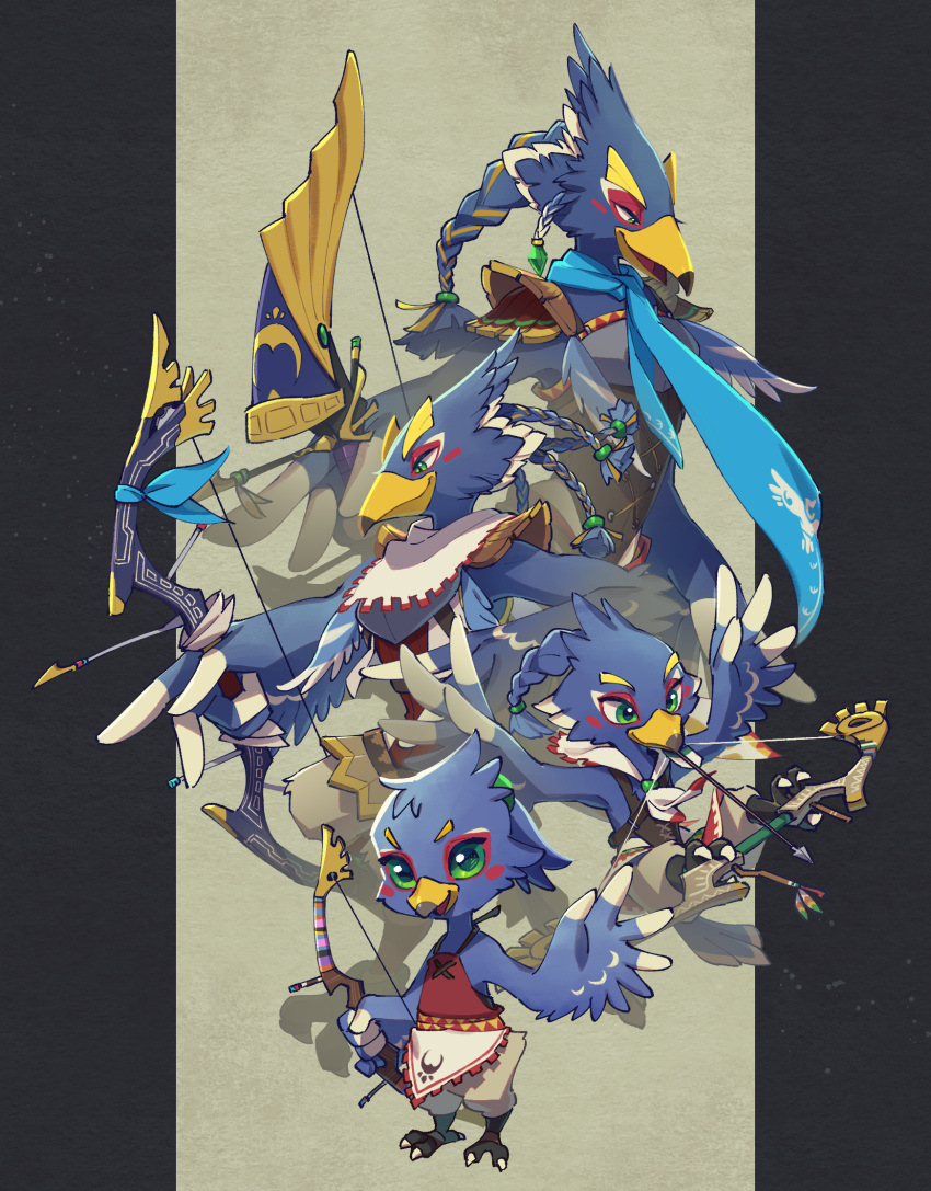1boy age_progression arrow_(projectile) beak bird_boy blue_scarf bow_(weapon) braid closed_mouth drawing_bow full_body furry furry_male green_eyes grey_pants highres holding holding_bow_(weapon) holding_weapon male_focus open_mouth pants revali rito scarf talons the_legend_of_zelda the_legend_of_zelda:_breath_of_the_wild ukata waving weapon