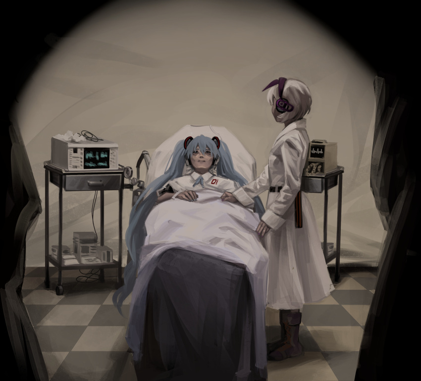 2girls absurdres bed blue_hair cardiogram cevio checkered_floor ci_flower closed_mouth commentary deepseasecret dress english_commentary full_body grey_hair hair_between_eyes hatsune_miku headphones highres hospital_bed long_bangs long_hair long_sleeves looking_at_another multiple_girls my_chemical_romance nurse on_bed short_hair standing the_black_parade_(album) twintails under_covers very_long_hair vignetting vocaloid white_dress