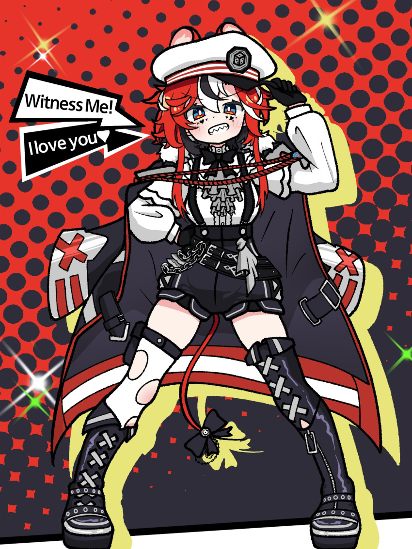 animal_ears asymmetrical_legwear black_gloves black_shorts blue_eyes bow coat coat_on_shoulders gloves grin hakos_baelz hakos_baelz_(4th_costume) hand_on_own_hip hat highres hololive hololive_english military_hat mismatched_legwear mouse_ears mouse_tail multicolored_hair redhead shorts smile snowone_1 streaked_hair suspender_shorts suspenders tail tail_bow tail_ornament virtual_youtuber