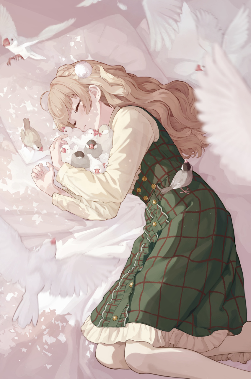 1girl absurdres animal_hug bird brown_hair buttons center_frills chick closed_eyes double-breasted dress feet_out_of_frame frilled_dress frills from_above green_dress hair_ornament highres indie_virtual_youtuber long_bangs long_hair long_sleeves lying no_shoes on_bed on_side pantyhose parted_lips pillow pinkusan pom_pom_(clothes) pom_pom_hair_ornament shigure_ui_(vtuber) shirt sidelocks sleeping solo virtual_youtuber white_bird white_pantyhose white_shirt