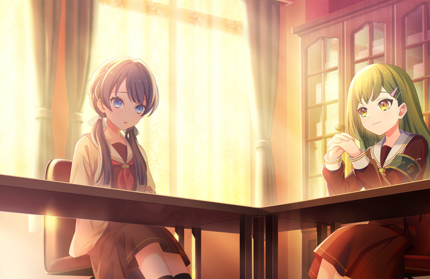 2girls :3 armband blue_eyes blue_hair blue_ribbon brown_cardigan brown_dress cabinet cardigan closed_mouth curtains dark_blue_hair dress game_cg green_armband green_hair hair_ornament hair_ribbon hairclip hasu_no_sora_school_uniform highres indoors interlocked_fingers link!_like!_love_live! long_hair long_sleeves looking_at_another love_live! low_twintails medium_dress mole mole_on_neck multiple_girls murano_sayaka neckerchief official_art on_chair oogami_sachi open_cardigan open_clothes open_mouth own_hands_together pleated_dress red_neckerchief ribbon safety_pin sailor_collar sailor_dress school_uniform sitting straight_hair swept_bangs third-party_source twintails virtual_youtuber white_sailor_collar window winter_uniform yellow_eyes yellow_neckerchief
