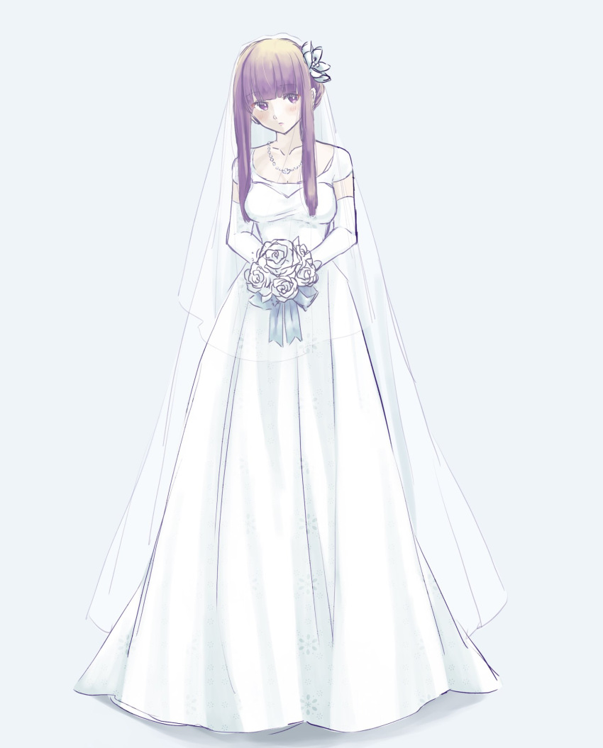 1girl banana_(8771207) blunt_bangs bouquet commentary_request dress elbow_gloves fern_(sousou_no_frieren) flower gloves hair_flower hair_ornament highres jewelry looking_at_viewer lotus necklace purple_hair rose sidelocks solo sousou_no_frieren vest violet_eyes wedding_dress white_background white_dress white_flower white_rose white_theme white_vest