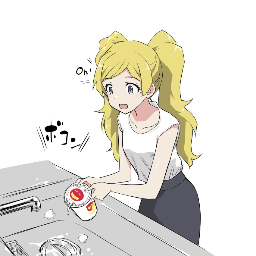 1girl black_skirt blonde_hair blush breasts collarbone cowboy_shot dot_nose emily_stewart eyelashes fluffy_hair highres holding idolmaster idolmaster_million_live! idolmaster_million_live!_theater_days long_hair looking_at_object matcha_kingyo open_mouth parted_bangs ramen shirt sidelocks simple_background sink skirt sleeveless sleeveless_shirt small_breasts solo standing surprised twintails violet_eyes white_background white_shirt