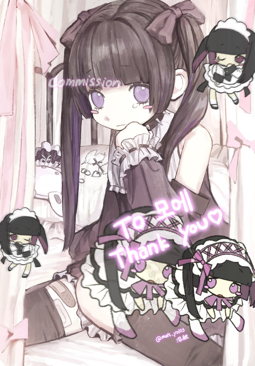 1girl bandaid bandaid_on_leg bare_shoulders black_hair black_thighhighs blush_stickers chibi choker commission flat_chest highres indoors jirai_kei long_hair looking_at_viewer maid original pale_skin sitting solo spiked_choker spikes tearing_up thigh-highs twintails violet_eyes wavy_mouth youyuu_(melt_yo103)