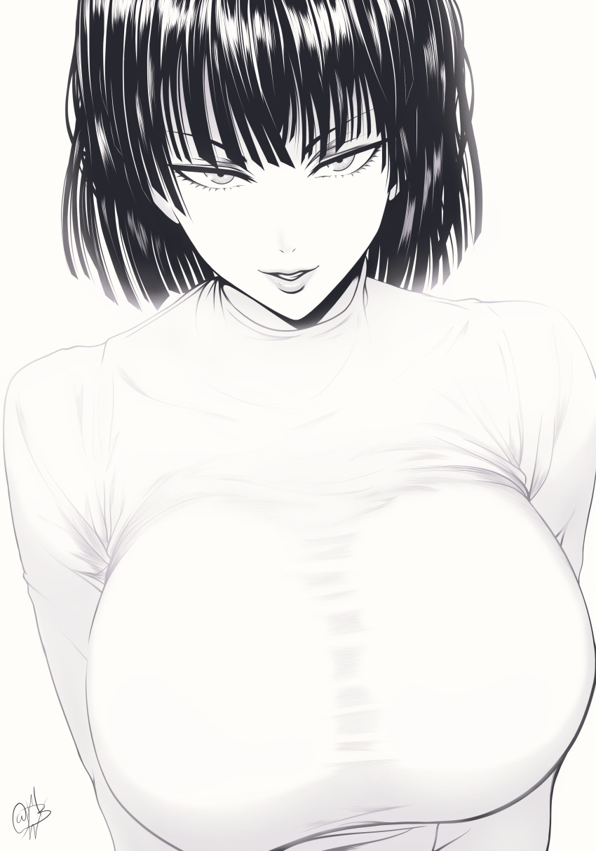 1girl absurdres black_hair breasts fubuki_(one-punch_man) hair_between_eyes highres large_breasts looking_at_viewer mature_female monochrome mostlybluewyatt one-punch_man open_mouth short_hair simple_background solo sweater upper_body v-shaped_eyebrows white_background white_sweater