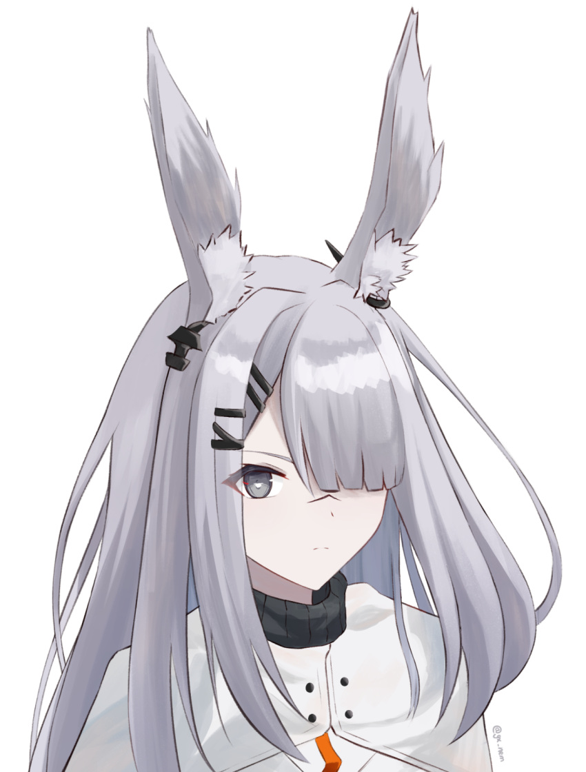 1girl animal_ears arknights closed_mouth commentary frostnova_(arknights) glaring grey_eyes grey_hair hair_ornament hair_over_one_eye hairclip highres long_hair looking_at_viewer mixed-language_commentary nemesis_gx one_eye_covered rabbit_ears rabbit_girl scar scar_on_face scar_on_nose simple_background solo split_mouth sweater turtleneck turtleneck_sweater upper_body white_background white_sweater
