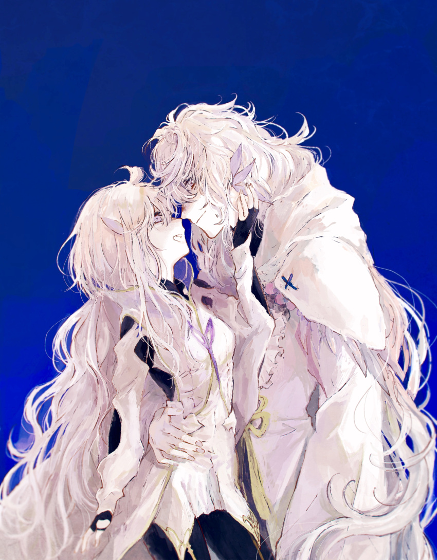 1boy 1girl absurdres blue_background closed_mouth fate/grand_order fate_(series) fuwafuwa_no_inu hand_on_another's_face hand_on_another's_hip highres hood hood_down long_hair looking_at_another merlin_(fate) merlin_(fate/prototype) messy_hair open_mouth robe simple_background sweat very_long_hair violet_eyes white_hair white_robe