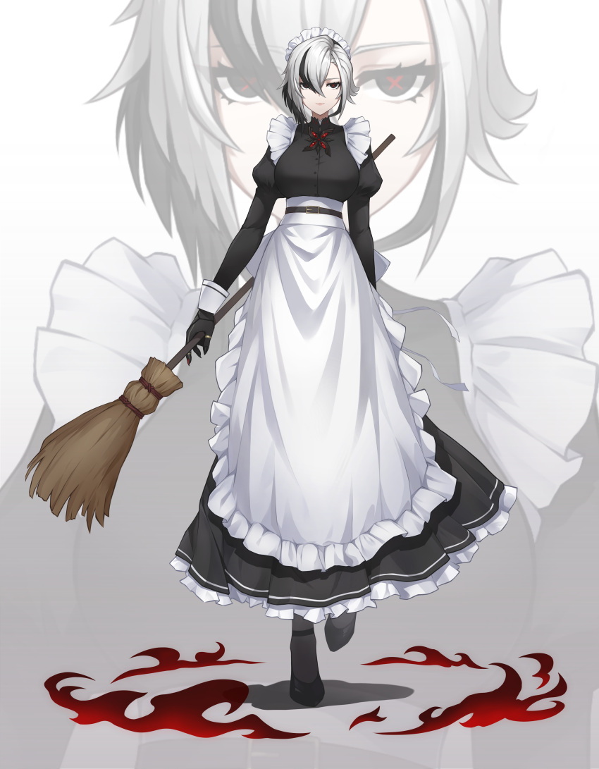 1girl absurdres alternate_costume apron arlecchino_(genshin_impact) arm_behind_back black_dress black_eyes black_footwear black_gloves black_nails broom cross-shaped_pupils dress enmaided fingernails frilled_apron frilled_dress frills full_body genshin_impact gloves heshandepingtouge highres holding holding_broom jewelry juliet_sleeves leg_up light_smile long_sleeves looking_at_viewer maid maid_apron maid_headdress multicolored_hair multicolored_nails puffy_sleeves red_nails red_pupils ring sharp_fingernails shoes short_hair simple_background solo standing standing_on_one_leg straight-on streaked_hair swept_bangs symbol-shaped_pupils two-tone_hair waist_apron white_apron white_background white_hair zoom_layer