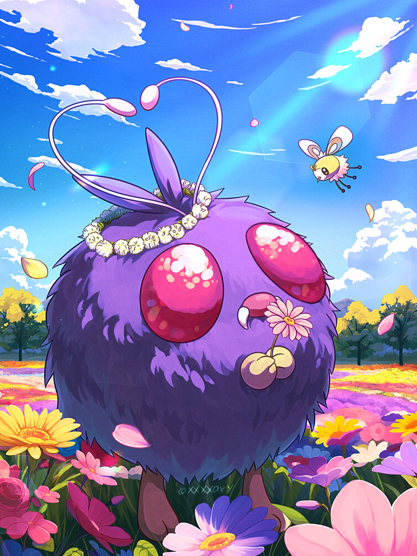 clouds commentary_request cutiefly day fangs field flower flower_field highres holding lens_flare no_humans outdoors petals pink_eyes pokemon pokemon_(creature) sky tree venonat wreath xxxxay