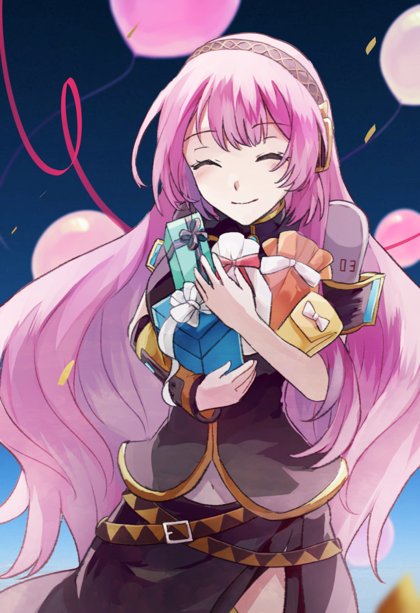 1girl ^_^ balloon black_shirt black_skirt blue_background blush closed_eyes closed_mouth confetti detached_sleeves gift gradient_background headset highres holding holding_gift long_hair megurine_luka navel pink_hair pouch shirt side_slit skirt smile solo streamers vocaloid wakolenrin