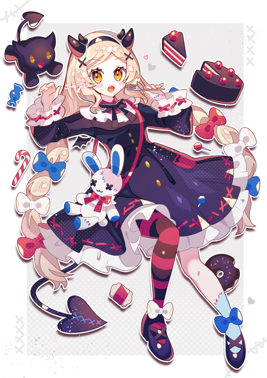 1girl blonde_hair bow cake demon_girl demon_horns demon_tail dress food fork full_body hair_ornament highres holding holding_fork horns long_hair long_sleeves looking_at_viewer open_mouth original saijo1201 shoes solo striped_clothes striped_thighhighs stuffed_toy tail thigh-highs very_long_hair yellow_eyes