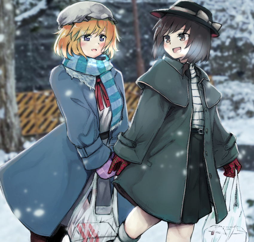 2girls bag black_skirt blonde_hair blue_scarf brown_eyes brown_hair coat feet_out_of_frame ginnkei hat jacket maribel_hearn mittens mob_cap multiple_girls pink_mittens plastic_bag purple_coat red_mittens scarf skirt snow snowing striped_clothes striped_sweater sweater touhou two-tone_scarf usami_renko violet_eyes winter winter_clothes winter_coat