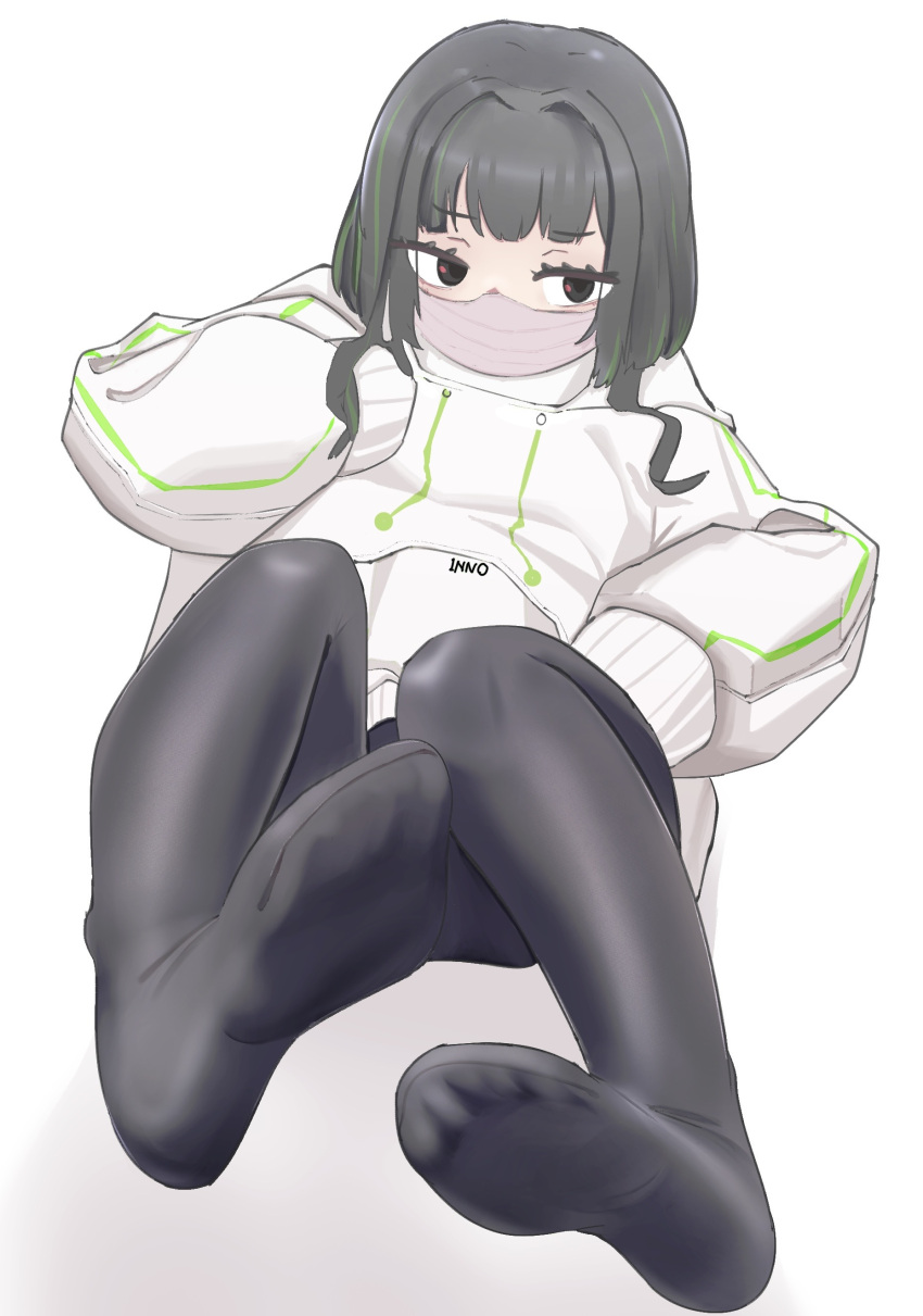 1girl absurdres black_pantyhose colored_inner_hair feet highres hood hoodie inno_(amputator) legs mask mouth_mask multicolored_hair no_shoes original pantyhose short_hair sitting soles solo thigh-highs toes watermark white_background