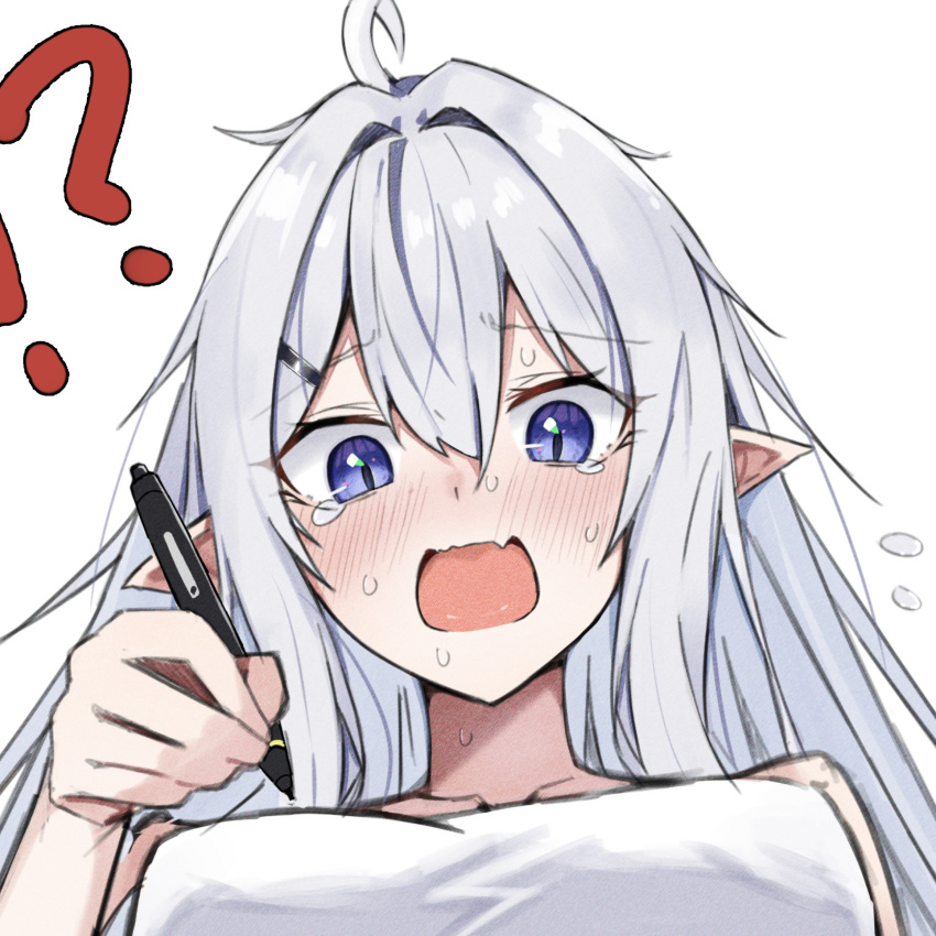 1girl ? ahoge artist_self-insert close-up commentary crying embarrassed english_commentary eyes_visible_through_hair fang flying_sweatdrops grey_hair hair_between_eyes hair_intakes hair_ornament hairclip hand_up highres holding holding_stylus long_hair looking_at_viewer open_mouth original pointy_ears portrait simple_background sketch skin_fang solo split_mouth stylus tearing_up touko_(toko12_tooko) violet_eyes white_background