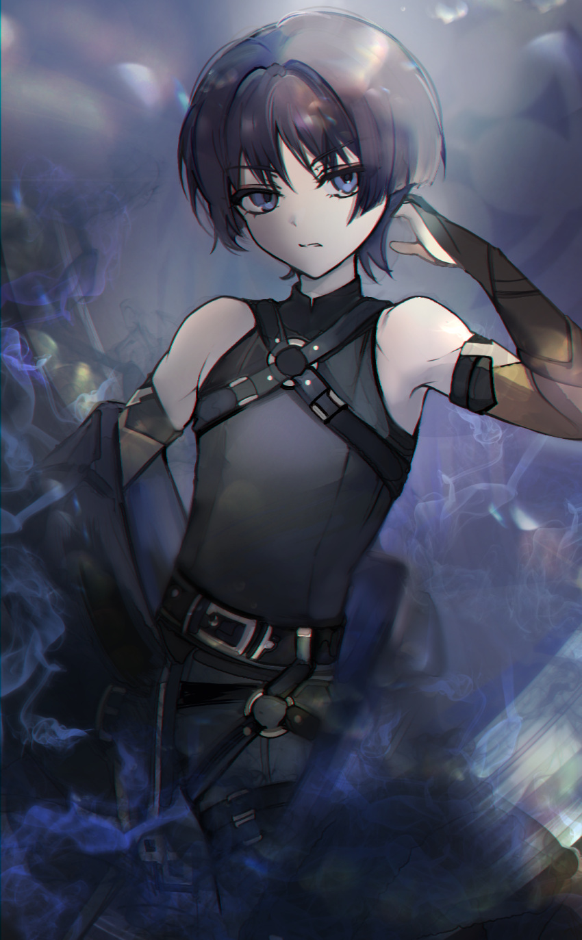1boy arm_armor arm_behind_head bare_shoulders belt black_belt black_hair black_shirt black_shorts blue_eyes blunt_ends bridal_gauntlets chest_belt dot_nose eyeshadow genshin_impact hair_intakes highres lens_flare looking_at_viewer makeup mandarin_collar o-ring o-ring_belt o-ring_strap onmoynn parted_lips red_eyeshadow scaramouche_(genshin_impact) shirt short_hair shorts sleeveless sleeveless_shirt smoke sunlight upper_body v-shaped_eyebrows wanderer_(genshin_impact)
