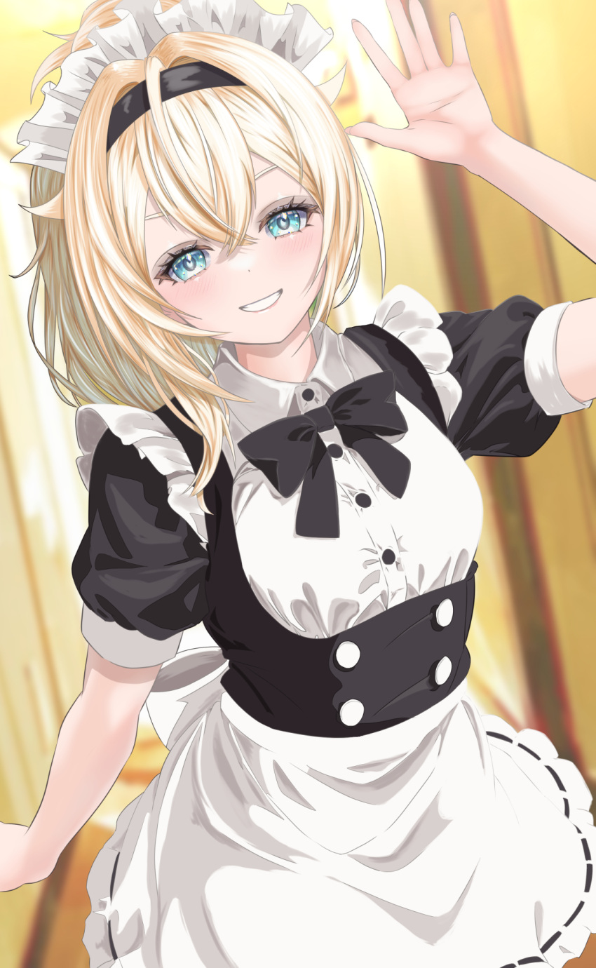 1girl alternate_costume apron arm_up back_bow black_bow black_bowtie black_dress black_hairband blonde_hair blue_eyes bow bowtie breasts collared_shirt commentary_request dress enmaided frills grin hair_intakes hairband high_ponytail highres hololive indoors kazama_iroha long_hair maid maid_headdress puffy_sleeves shirt short_sleeves sidelocks small_breasts smile solo virtual_youtuber waist_apron wakaunderblade7 white_apron white_bow white_shirt