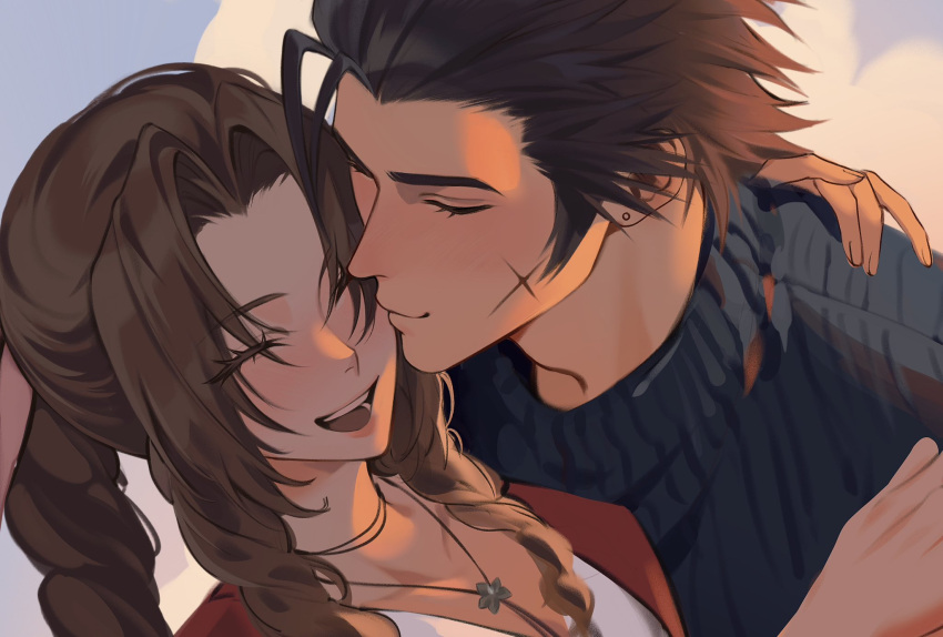 1boy 1girl aerith_gainsborough black_hair blue_sky braid braided_ponytail brown_hair choker closed_eyes clouds cloudy_sky commentary couple crisis_core_final_fantasy_vii cross_scar drill_hair drill_sidelocks earrings english_commentary final_fantasy final_fantasy_vii final_fantasy_vii_rebirth final_fantasy_vii_remake hair_slicked_back highres hug jacket jewelry kiss kissing_cheek light_blush long_hair montaro open_mouth outdoors parted_bangs red_jacket ribbed_sweater scar sidelocks sky sleeveless sleeveless_turtleneck smile spiky_hair stud_earrings sweater turtleneck turtleneck_sweater upper_body zack_fair