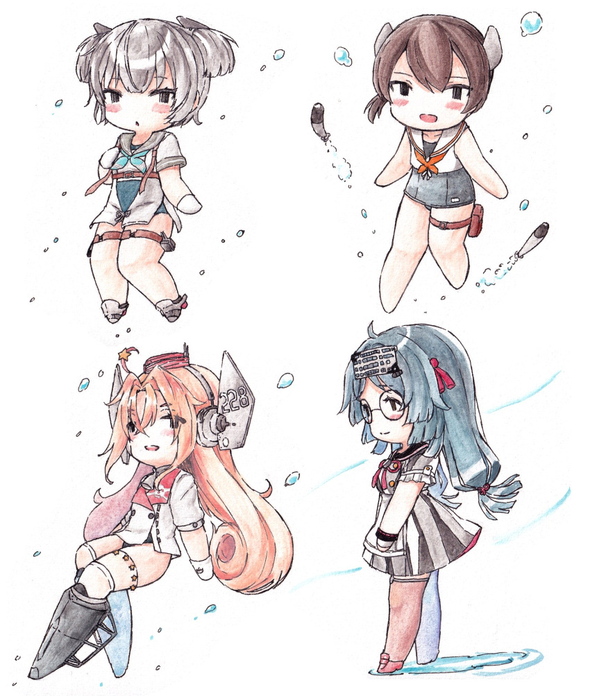 4girls black_hair brown_hair chibi closed_mouth crossed_bangs drum_(kancolle) glasses gloves grey_hair grey_sailor_collar hair_between_eyes hair_ornament hair_ribbon hat headgear heian_maru_(kancolle) highres i-36_(kancolle) i-41_(kancolle) kantai_collection long_hair multiple_girls neckerchief one-piece_swimsuit parted_lips pink_hair poipoi_purin ribbon round_eyewear sailor_collar short_sleeves short_twintails simple_background star_(symbol) star_hair_ornament swimsuit thigh-highs thigh_strap torpedo twintails very_long_hair white_background white_gloves white_sailor_collar