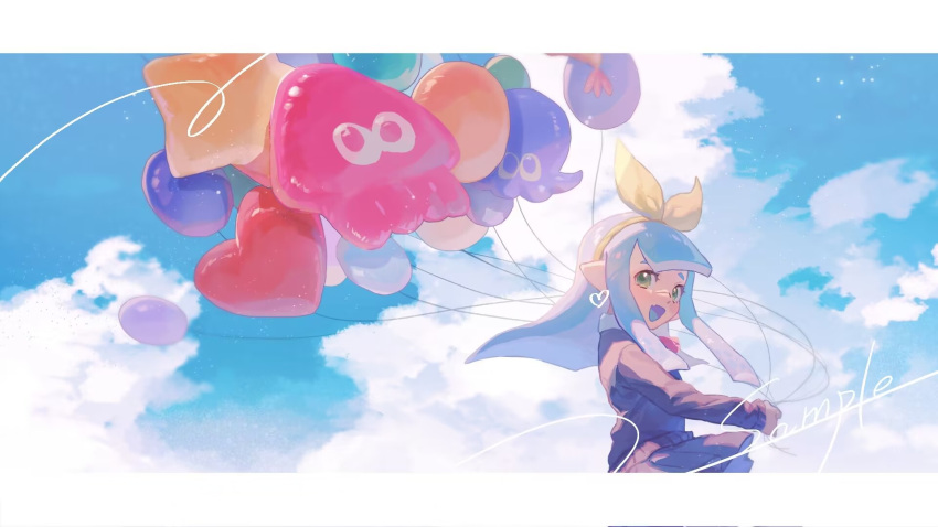 1girl :d balloon black_cardigan black_skirt blue_hair blue_sky blue_tongue blunt_bangs blunt_ends bow bow_hairband cardigan chinese_commentary clouds cloudy_sky collared_shirt colored_tongue commentary_request from_side green_eyes hair_bow hairband happy heart highres holding holding_balloon inkling inkling_girl inkling_player_character letterboxed long_hair long_sleeves open_mouth pleated_skirt pointy_ears rrreunion4 sample_watermark school_uniform shirt sidelocks skirt sky smile solo splatoon_(series) tentacle_hair too_many_balloons watermark white_shirt yellow_bow yellow_hairband