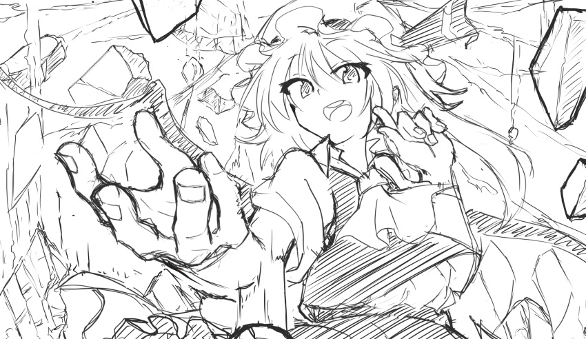 1girl ascot collared_shirt flandre_scarlet foreshortening greyscale hair_between_eyes hat highres lineart long_hair mob_cap monochrome open_mouth shinmon_akika shirt short_sleeves skirt solo teeth touhou upper_body upper_teeth_only vest wings