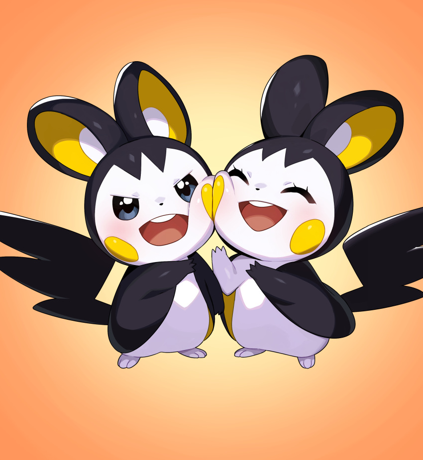 ^_^ absurdres animal_focus blue_eyes blush blush_stickers buck_teeth cheek-to-cheek closed_eyes commentary_request drunkoak emolga full_body happy heads_together highres korean_commentary no_humans open_mouth orange_background pokemon pokemon_(creature) simple_background smile standing symmetry teeth v-shaped_eyebrows
