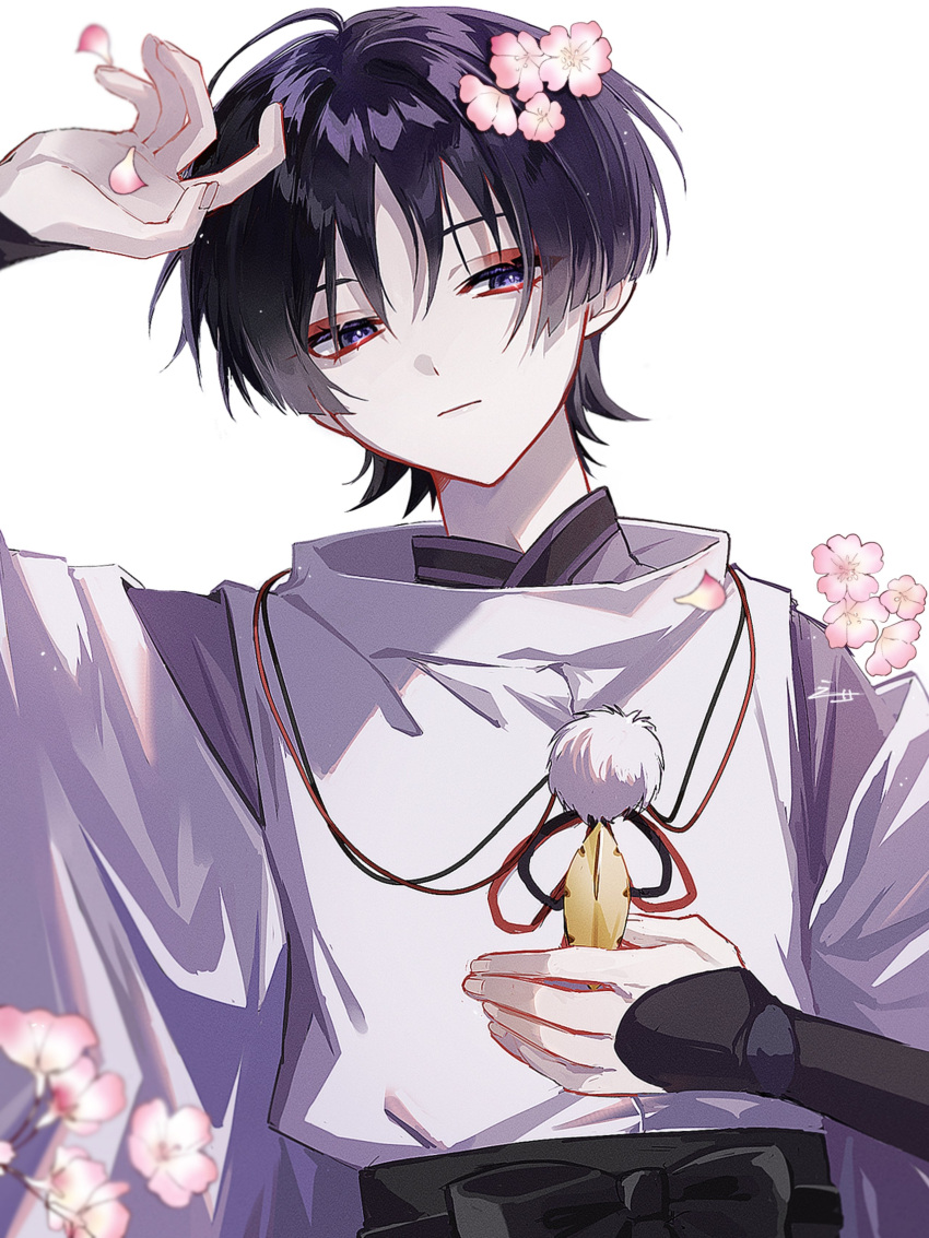 1boy absurdres arm_up armor black_bow black_hair black_ribbon black_sash blunt_ends bow branch cherry_blossoms choppy_bangs closed_mouth ego_(ego_inp) expressionless eyeshadow flower genshin_impact hair_between_eyes hair_flower hair_ornament hand_up hashtag-only_commentary highres japanese_armor japanese_clothes kimono kote kurokote long_sleeves looking_at_viewer makeup male_focus petals pink_flower pom_pom_(clothes) purple_kimono red_eyeshadow red_ribbon ribbon sash scaramouche_(genshin_impact) scaramouche_(kabukimono)_(genshin_impact) short_hair simple_background solo vest violet_eyes white_background white_vest wide_sleeves