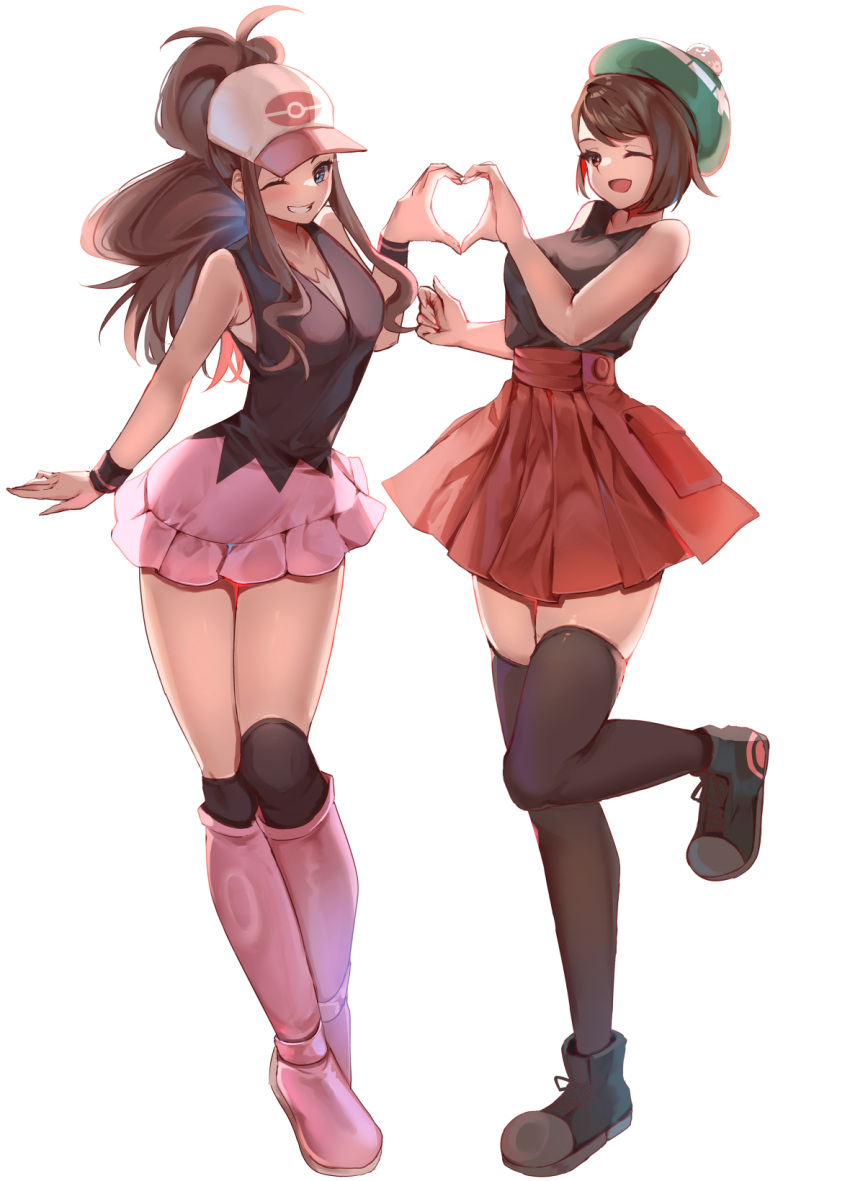 2girls bare_arms bare_shoulders baseball_cap blue_eyes boots brown_eyes brown_hair commission cosplay dawn_(pokemon)_(cosplay) dress full_body gloria_(pokemon) grin hat heart heart_hands heart_hands_duo high-waist_skirt highres hikari_(pokemon) hilda_(pokemon) legs_together long_hair miniskirt momdy_(talesshinja) multiple_girls one_eye_closed open_mouth outstretched_arm over-kneehighs parted_bangs pink_footwear pixiv_commission pokemon pokemon_bw pokemon_swsh serena_(pokemon) serena_(pokemon)_(cosplay) shirt shirt_tucked_in shoes short_dress short_hair skindentation skirt sleeveless sleeveless_dress sleeveless_shirt smile standing standing_on_one_leg swept_bangs tam_o'_shanter thigh-highs zettai_ryouiki