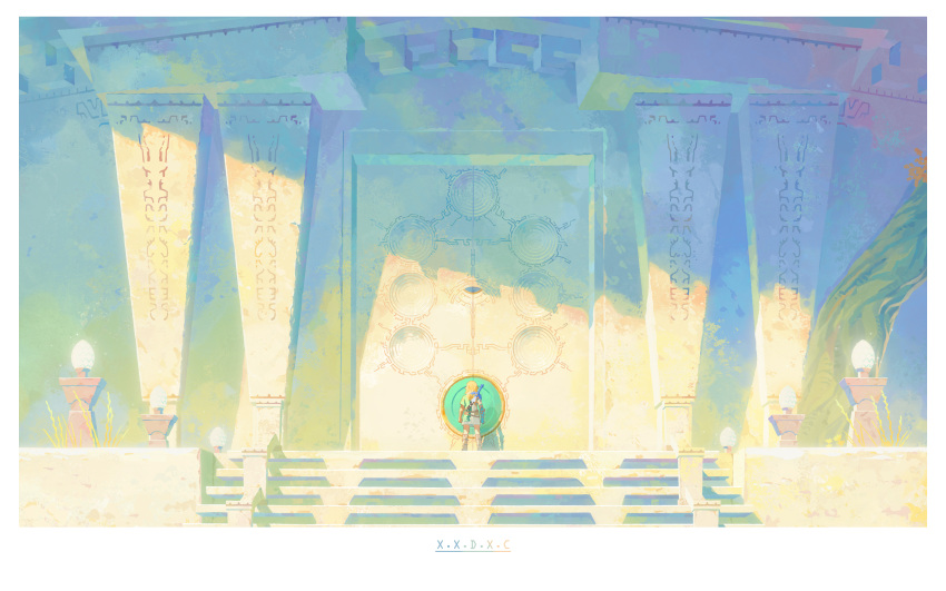 1boy absurdres archaic_set_(zelda) architecture door highres link outdoors scenery solo stairs stone_stairs sunlight sword sword_on_back the_legend_of_zelda the_legend_of_zelda:_tears_of_the_kingdom weapon weapon_on_back x.x.d.x.c