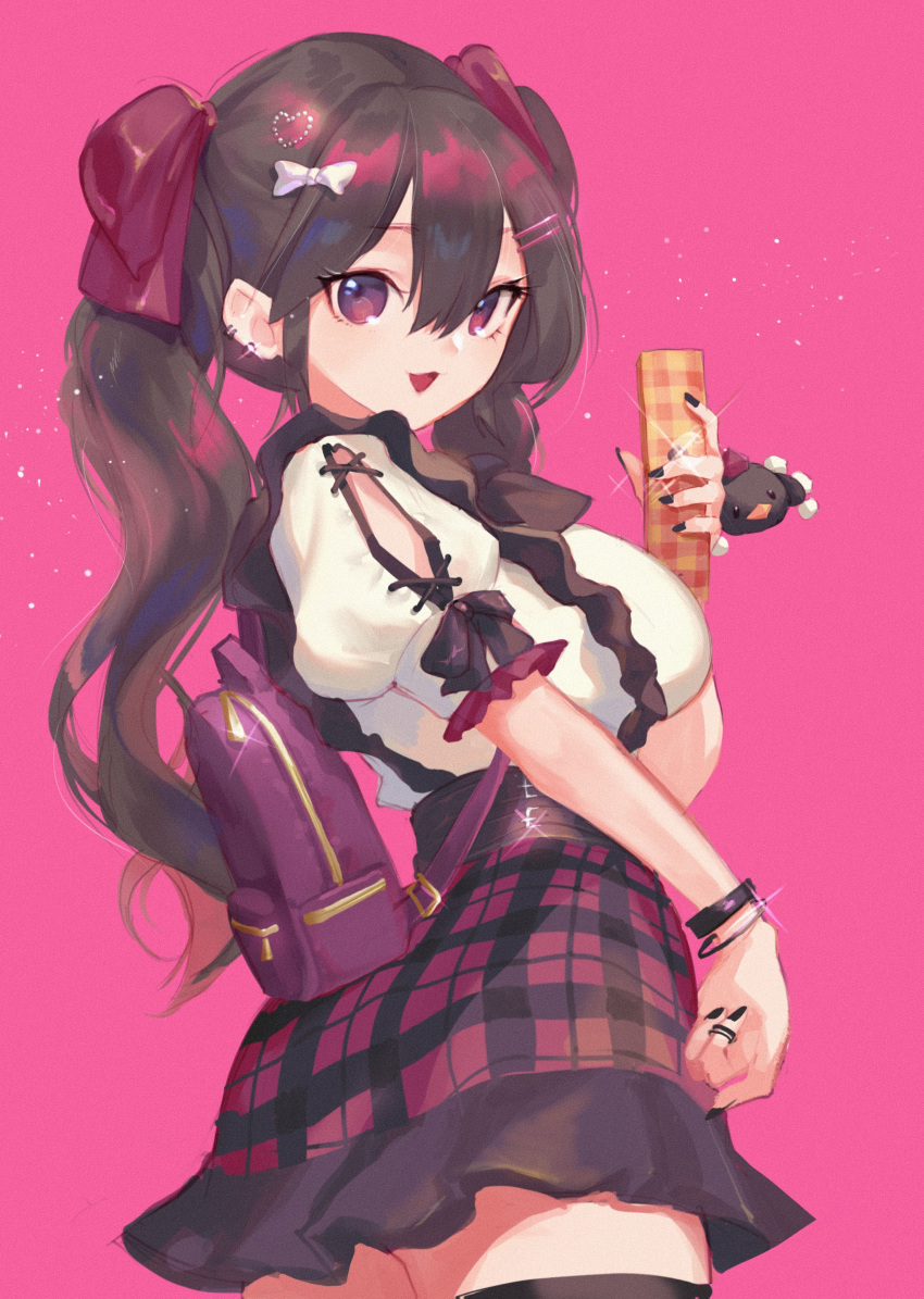 1girl absurdres black_nails black_thighhighs brown_hair frilled_skirt frills highres himekaidou_hatate looking_at_viewer orchid_(pixiv3730518) pink_background plaid plaid_skirt puffy_short_sleeves puffy_sleeves short_sleeves skirt smile solo thigh-highs touhou twintails violet_eyes