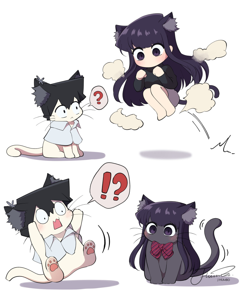 ! 1boy 1girl ? absurdres animal_ear_fluff animal_ears animalization artist_name black_hair black_sweater cat chibi closed_mouth commentary highres j_humbo komi-san_wa_komyushou_desu komi_shouko long_sleeves looking_at_another motion_lines no_mouth no_nose open_mouth purple_hair shirt signature spoken_exclamation_mark spoken_question_mark sweater symbol-only_commentary tadano_hitohito violet_eyes white_shirt