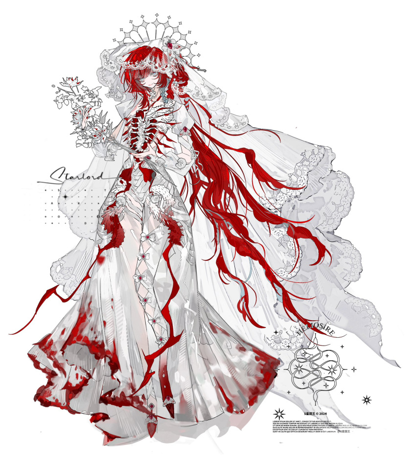 1girl artist_name blood blood_on_clothes blue_eyes bouquet bow bridal_veil dress dress_bow flower full_body halo halo_behind_head highres holding holding_bouquet juliet_sleeves lace-trimmed_veil lace_trim long_hair long_sleeves looking_at_viewer original puffy_sleeves red_footwear red_nails redhead s_xing_guowang shoes simple_background smile solo standing veil watermark wedding_dress white_background white_dress white_flower white_veil