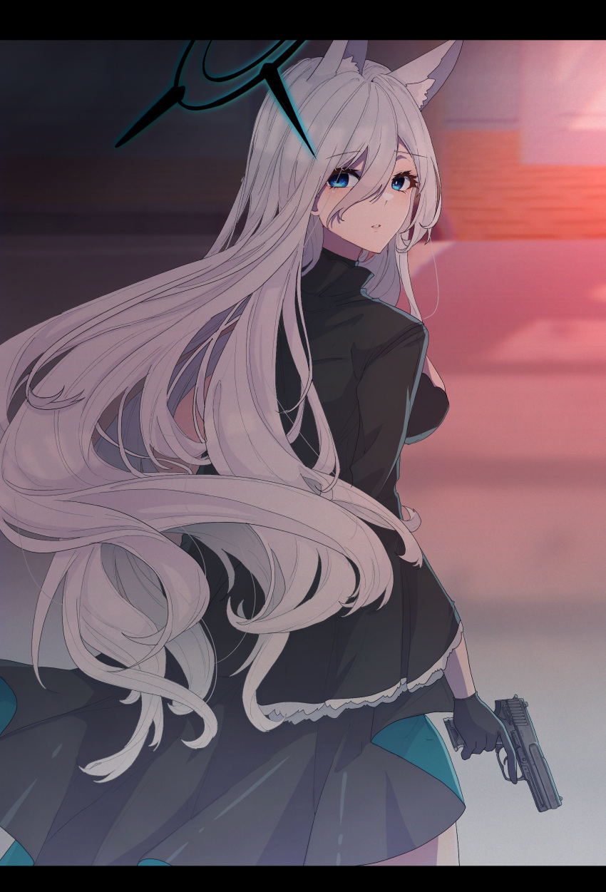 1girl absurdres animal_ear_fluff animal_ears black_gloves black_halo blue_archive gloves grey_hair gun h&amp;k_usp hair_between_eyes halo handgun highres holding holding_gun holding_weapon long_hair looking_at_viewer looking_back parted_lips shiroko_(blue_archive) shiroko_terror_(blue_archive) solo tsume3mai very_long_hair weapon wolf_ears