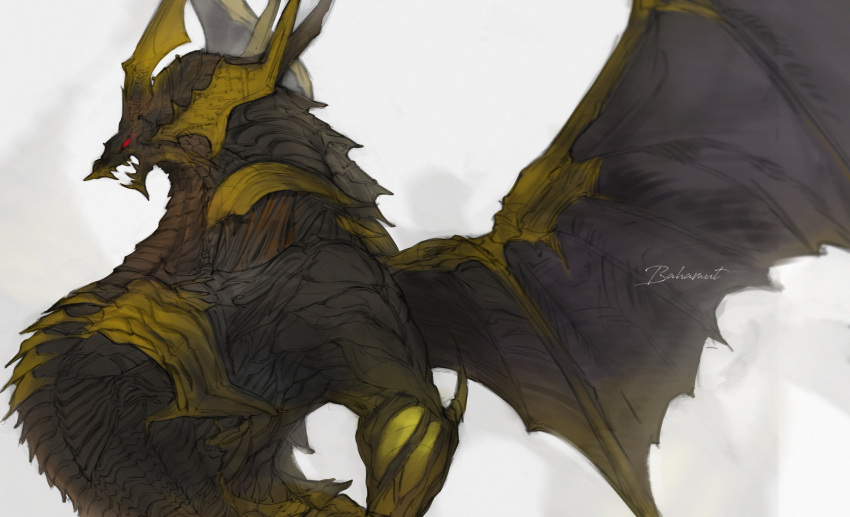 absurdres bahamut_(final_fantasy) character_name dragon final_fantasy final_fantasy_xiv from_side highres no_humans profile simple_background solo spread_wings tladpwl03 upper_body white_background
