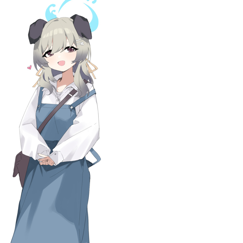 1girl animal_ears bag blue_archive blue_dress blue_halo blush brown_eyes dress green_hair hair_between_eyes hair_ornament hairclip halo heart highres long_hair long_sleeves looking_at_viewer open_mouth retri shirt simple_background smile solo umika_(blue_archive) white_background white_shirt