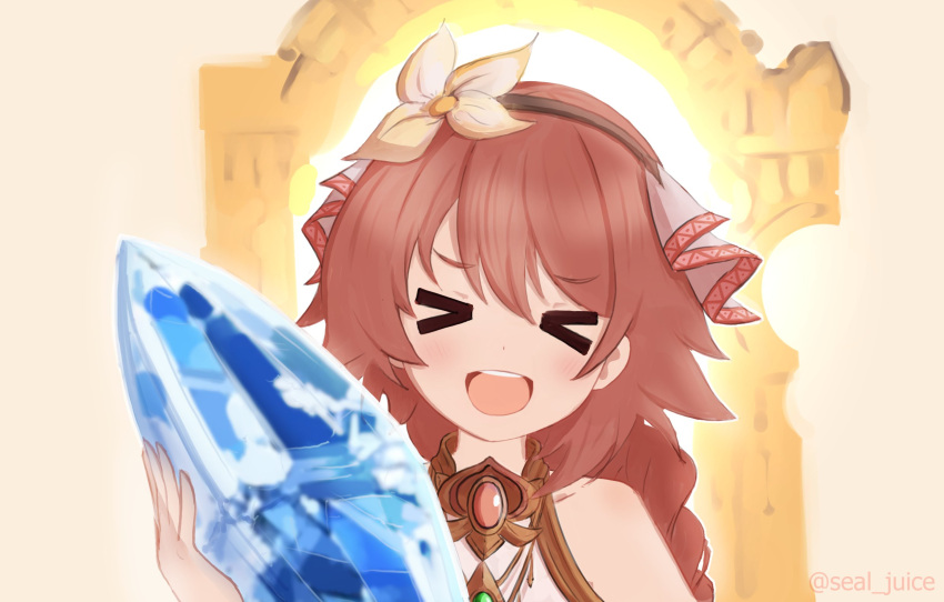 &gt;_&lt; 1girl blue_archive braid crystal fenie_(granblue_fantasy) flower_ornament granblue_fantasy hairband highres jewelry kohara_konomi open_mouth redhead seal_juice solo voice_actor_connection