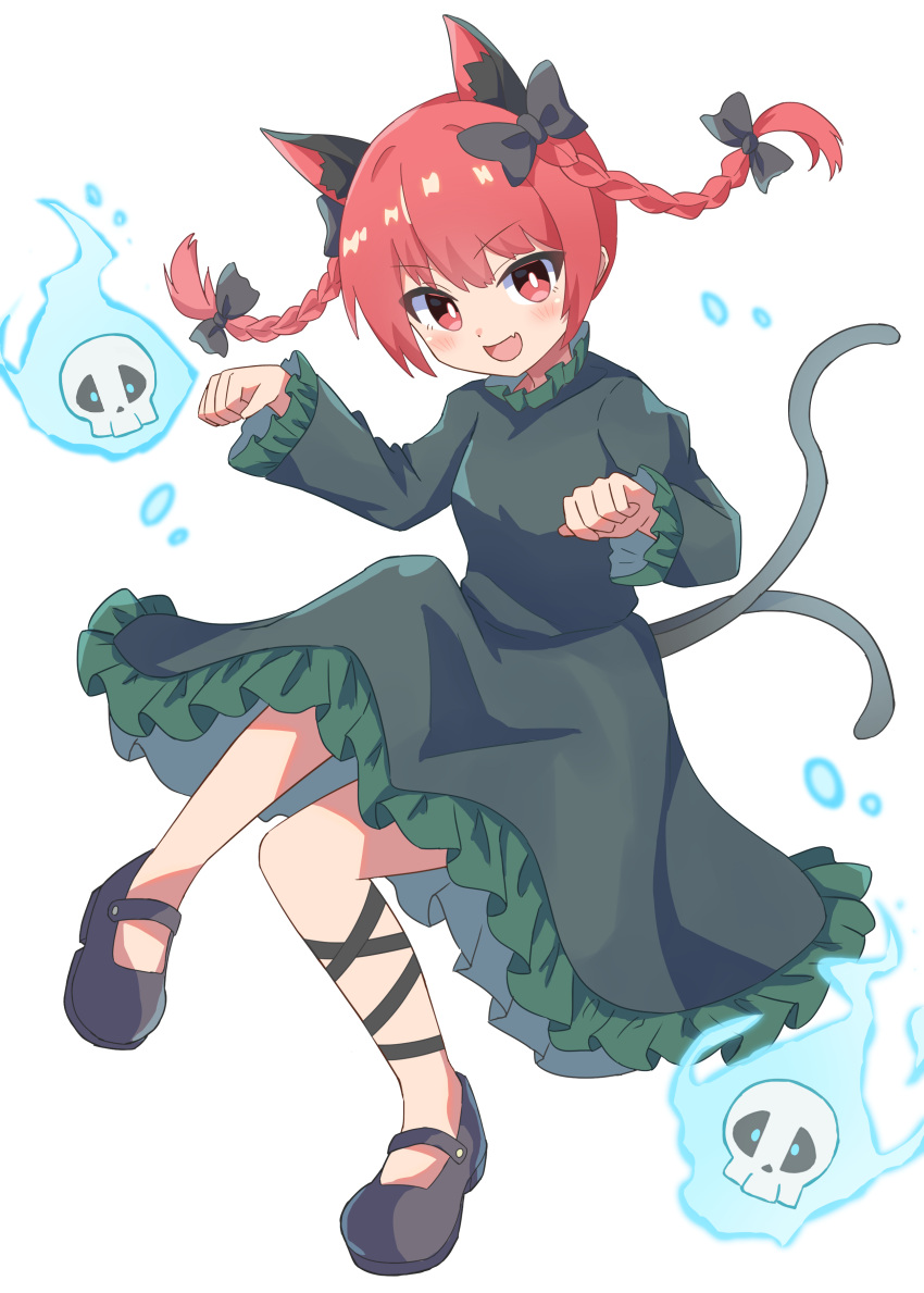 1girl :d absurdres animal_ear_fluff animal_ears black_footwear black_tail blush bow braid bright_pupils cat_ears cat_girl cat_tail dress frilled_dress frilled_sleeves frills full_body ghost green_dress hair_bow hands_up high_meron highres kaenbyou_rin long_hair long_sleeves looking_at_viewer making-of_available multiple_tails open_mouth paw_pose red_bow red_eyes redhead shoes simple_background skull smile solo tail touhou twin_braids two_tails white_background white_pupils