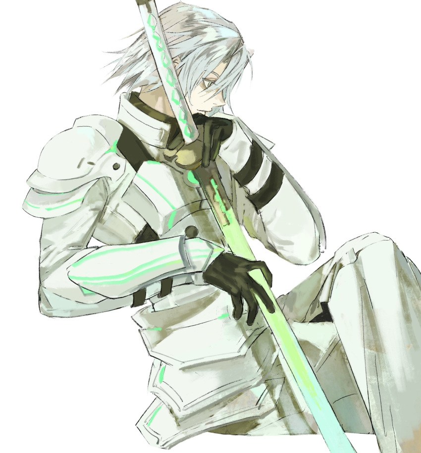 1boy armor black_gloves crossed_legs facing_to_the_side feet_out_of_frame final_fantasy final_fantasy_vii final_fantasy_vii_ever_crisis gloves grey_hair hair_between_eyes highres holding holding_sword holding_weapon jacket katana male_focus official_alternate_costume parted_bangs sephiroth sephiroth_(lethal_style) short_hair shoulder_armor sword upper_body vambraces weapon white_background white_jacket xscr1205