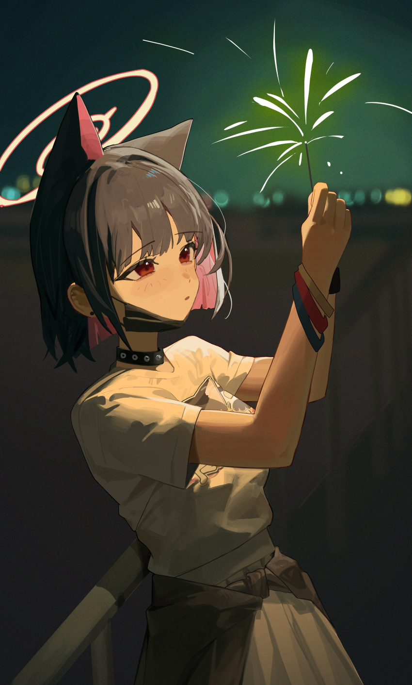 1girl absurdres animal_ears black_choker black_jacket black_wristband blue_archive blunt_bangs blurry bob_cut bracelet cat_ears cat_girl choker clothes_around_waist colored_inner_hair commentary depth_of_field earrings extra_ears fence fireworks greyscale halo highres holding_fireworks jacket jacket_around_waist jewelry kazusa_(band)_(blue_archive) kazusa_(blue_archive) leaning_on_object looking_afar looking_up mask mask_around_neck monochrome mouth_mask multicolored_hair night night_sky official_alternate_costume parted_lips pleated_skirt print_shirt red_eyes renn_01 senkou_hanabi shirt short_hair short_sleeves sidelocks skirt sky solo sparkler surgical_mask symbol-only_commentary t-shirt two-tone_hair white_shirt white_skirt