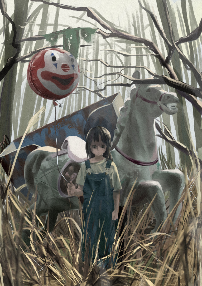 1girl absurdres balloon bare_tree black_eyes black_hair blue_overalls clenched_hand closed_mouth collarbone commentary_request day feet_out_of_frame forest grass green_shirt highres holding holding_balloon horse light_frown medium_hair nature original outdoors overalls scenery shirt short_sleeves sky solo straight-on straight_hair t-shirt tall_grass tomatomato_0413 tree wheelbarrow white_sky worried