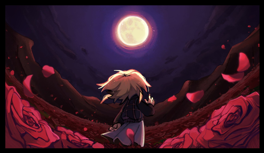 1girl ahoge arm_at_side black_border black_sweater blonde_hair border commentary facing_away falling_petals field fisheye flower flower_field from_behind full_moon glubbybubby grey_skirt hand_up highres long_sleeves looking_ahead medium_hair moon mountain night outdoors petals purple_sky red_flower red_rose rose skirt sky solo standing sweater symbol-only_commentary urotsuki wind yume_2kki